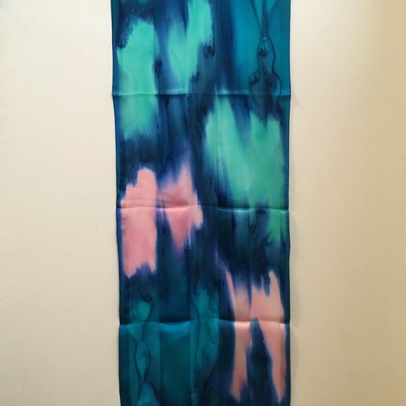 Hand Painted Silk Scarf Mint Green Bubblegum Pink Blue Unique Rectangle New Gift - Picture 3 of 3